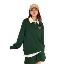 Yoe lapel sweatshirt womens letter color matching American retro age-reducing style 23 autumn dark green polo collar top