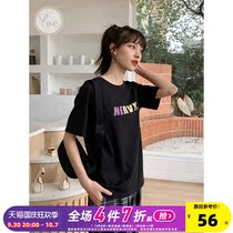 yoe rainbow letter print hanfeng chic internet celebrity ins tide 2022 new summer black short sleeves T-shirt women