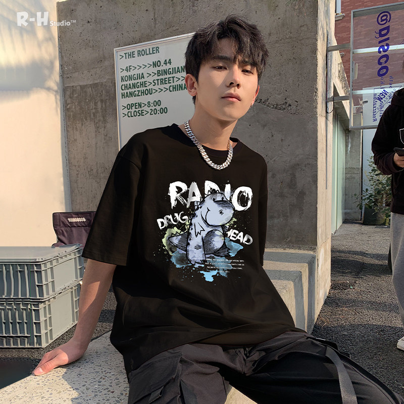 Radiohead Pure Cotton Short Sleeve T-shirt Men's Round Collar Half Sleeves Slim Sweatshirt Summer New Dinosaur Pattern Tide-Taobao