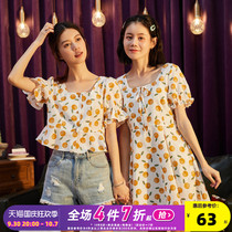 Tang Lion 2021 new dress square collar bow tie floral French niche orange skirt short-sleeved shirt