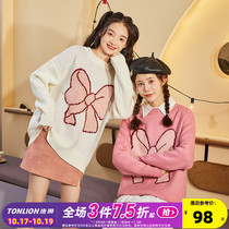 Tang lion autumn and winter new bow new year sweater womens outer pullover lazy wind soft waxy loose outer wear top