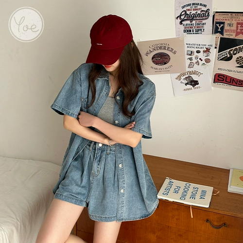 Комплект для отдыха, джинсовые шорты, футболка, весенняя рубашка, брендовая куртка, подходит для подростков, короткий рукав