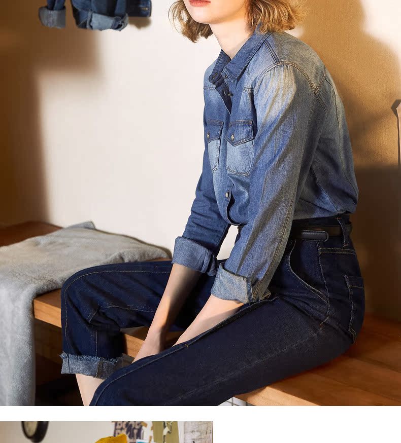 Tang sư tử denim sơ mi nữ 2018 mới sang trọng áo sơ mi thu đông lười biếng áo sơ mi trắng nữ công sở