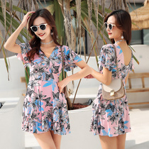 Swimsuit Womens Summer Conjoined Printed Small Breasts To Woo Beach Flat Corner Skirt Style Sashimi With Slim Holiday Swimsuit