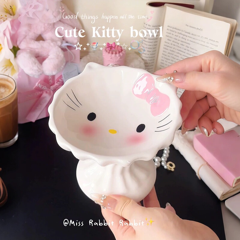 Cute Cartoon Hello Kitty Cat Bowl Ceramic Cat Food Bowl Dog Bowl Dog Dish Anti-Black Chin Protection Cervical Spine Food Bowl