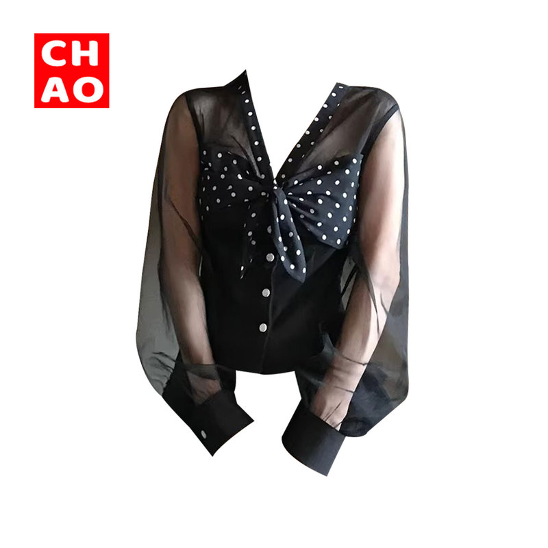 Chao Roman Holiday Charming Retro Lace Shirt with Unique Lace-Up Design, Mesh and Satin Polka Dot Waist-Cinching Blouse