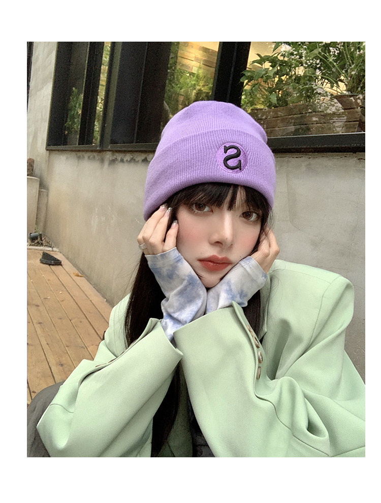 S字母刺绣蓝色毛线帽女秋冬韩版潮百搭保暖针织帽冬季冷帽子批发详情10