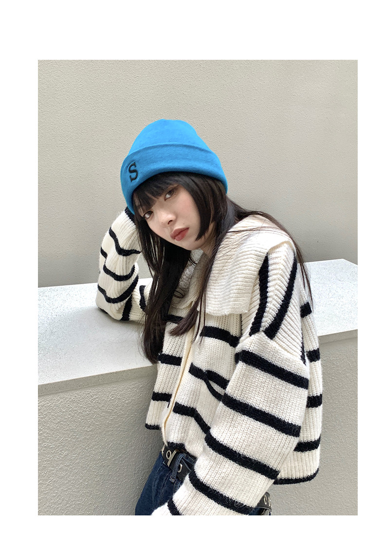 S字母刺绣蓝色毛线帽女秋冬韩版潮百搭保暖针织帽冬季冷帽子批发详情5