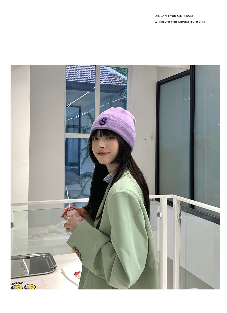 S字母刺绣蓝色毛线帽女秋冬韩版潮百搭保暖针织帽冬季冷帽子批发详情13