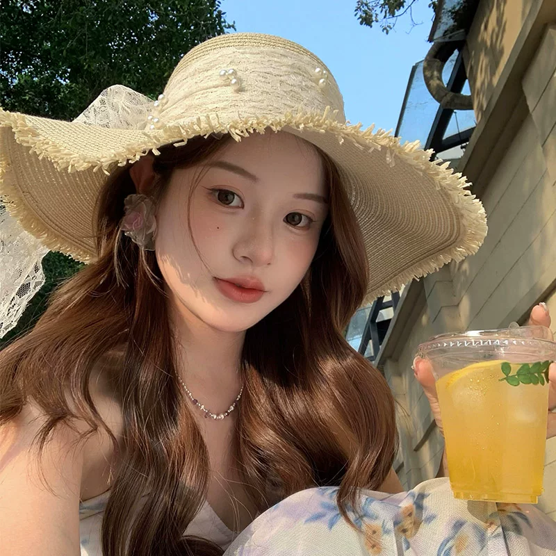 Lace summer beach sun hat with bow
