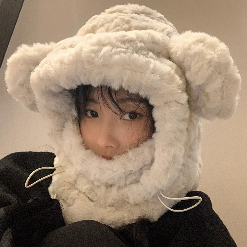 かわいいクマのぬいぐるみ耳保護帽子女性冬肥厚プラスベルベットマスクスカーフオールインワンサイクリング暖かい雷峰帽子