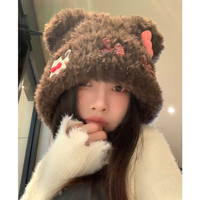 可爱蝴蝶结小熊猫咪毛绒帽女秋冬显脸小保暖护耳雷锋帽大头围帽子