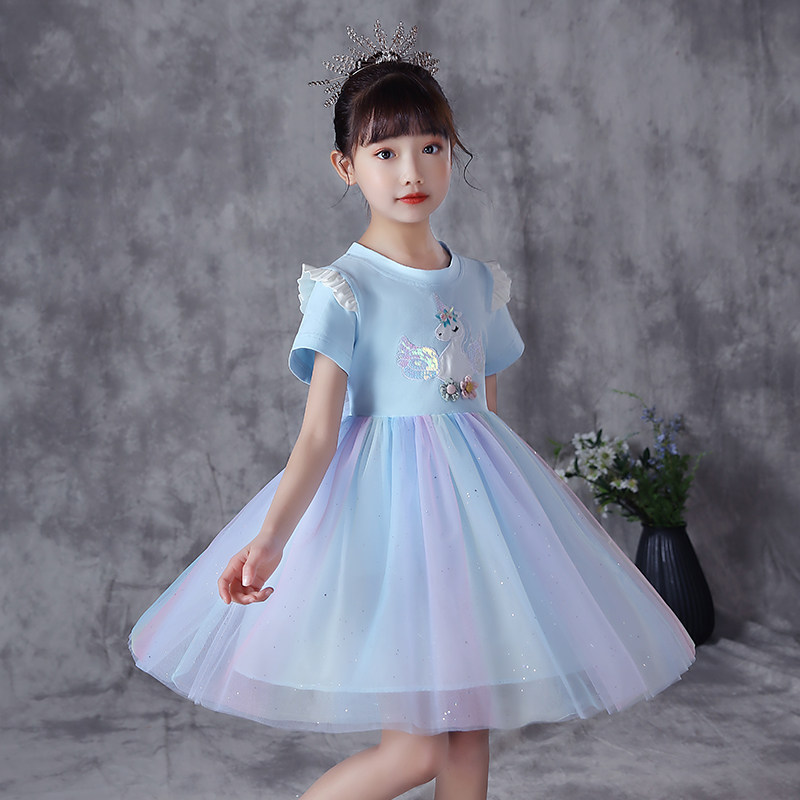 Girl Ocean Dress 2022 Summer Fit Children Short Sleeves Rainbow Dress Little Girl Ultra-Foreign Pie Princess Skirt Fluffy Dress