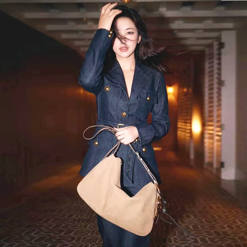 Zhu Zhu's Same Style Denim Blazer for Women, New Autumn and Winter Blue Elegant and Sophisticated Slimming Denim Pants Two-Piece Set