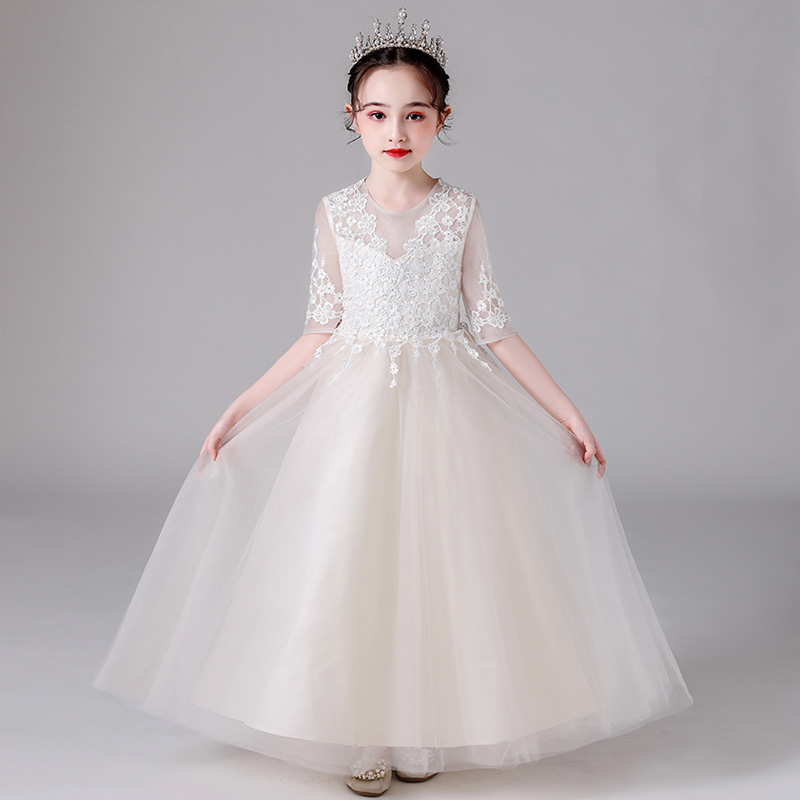 Girl's dress high-end children wedding flowers princess piano playing show white clothes hosted