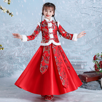 New Years dress girls winter dress plus velvet thickened childrens Hanfu Tang dress cheongsam skirt winter New Year two-piece set