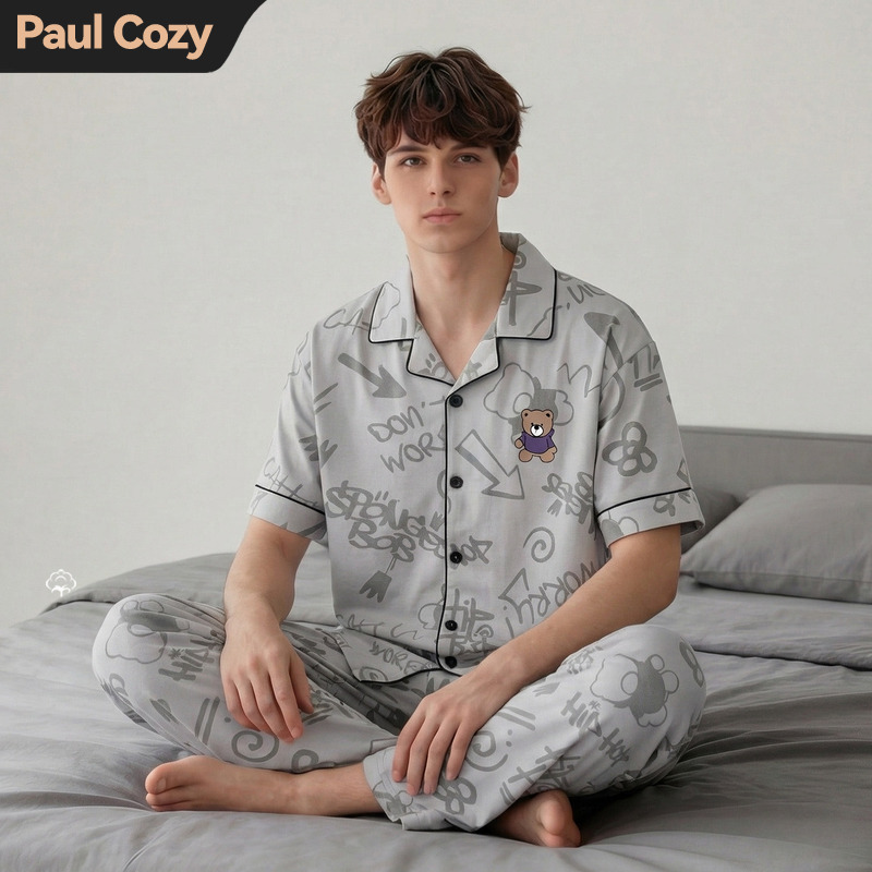Paulcozy Men's Short-Sleeved Long Pants Pure Cotton Pajamas 2026 New Men's Summer Home Wear for Teenagers