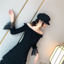  Waist strapless one-shoulder sexy mesh temperament stitching black tight-fitting thin dress dress autumn and winter
