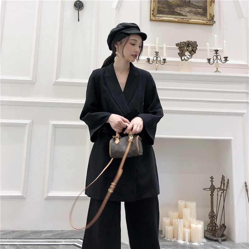 Black casual small suit women's loose suit retro mid-length version waisted large coat 2022 spring and autumn dress