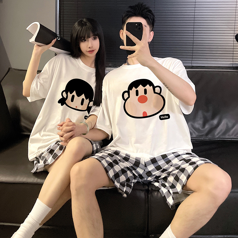 Buy One Get One Free Cute Fat Tiger Short-Sleeved Pajamas Couple Style Pure Cotton Summer Large Size Men and Women Japanese Style Home Wear Set
