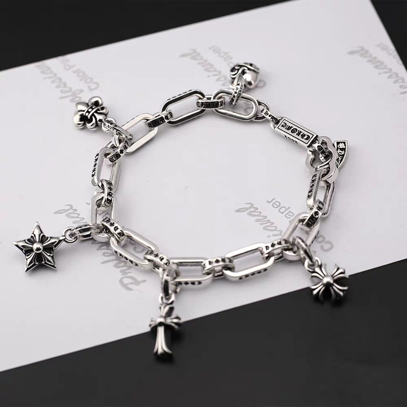 S925 Sterling Silver New Cross Anchor Retro Thai Silver Bracelet Trendy Men and Women Simple ins Versatile Bracelet Peng