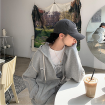 Japan gray hat jacket sweater design sense niche winter new loose Korean version zipper coat