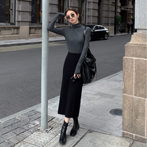 Japanese black knitting skirt female in autumn winter new high waist middle and long slim hips