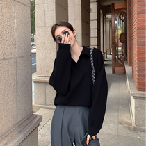 Japanese black v-collar polo sweater autumn and winter new Korean edition loose lazy wind knitting tops