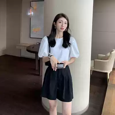 Japanese white bubble sleeve French retro round neck top female 2021 summer cotton inner jacket short sleeve t-shirt