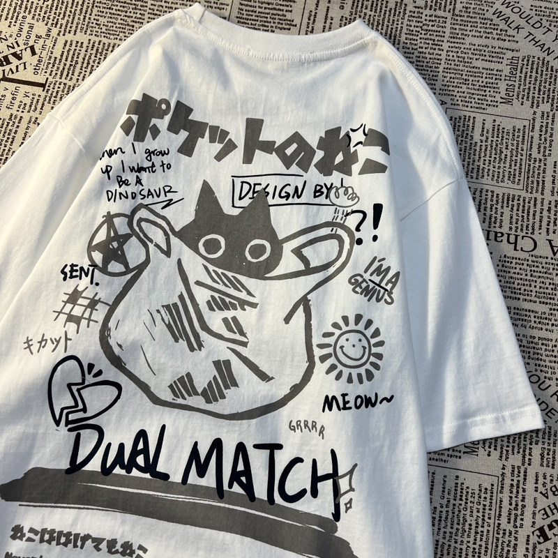 CMYJN Original Pocket Kitty American Retro Cartoon Printed Short Sleeve Couple Loose 100 lap half sleeve T-shirt