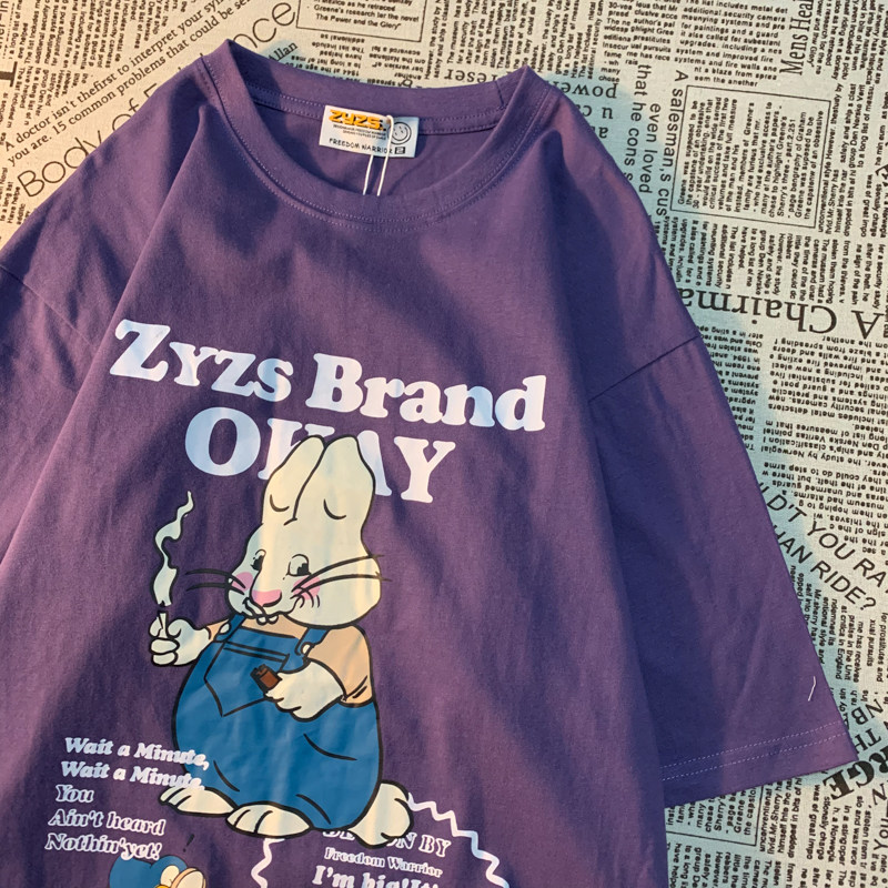 Cmyjn homemade American retro fun rabbit print short-sleeved t-shirt men and women couple Harajuku bf loose top