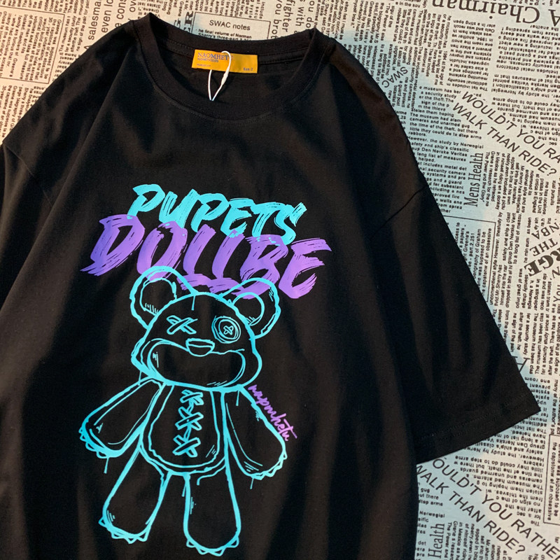 Cmyjn homemade American retro small bear printed short sleeve T-shirt male and female lovers pure cotton round collar 100 lap top 