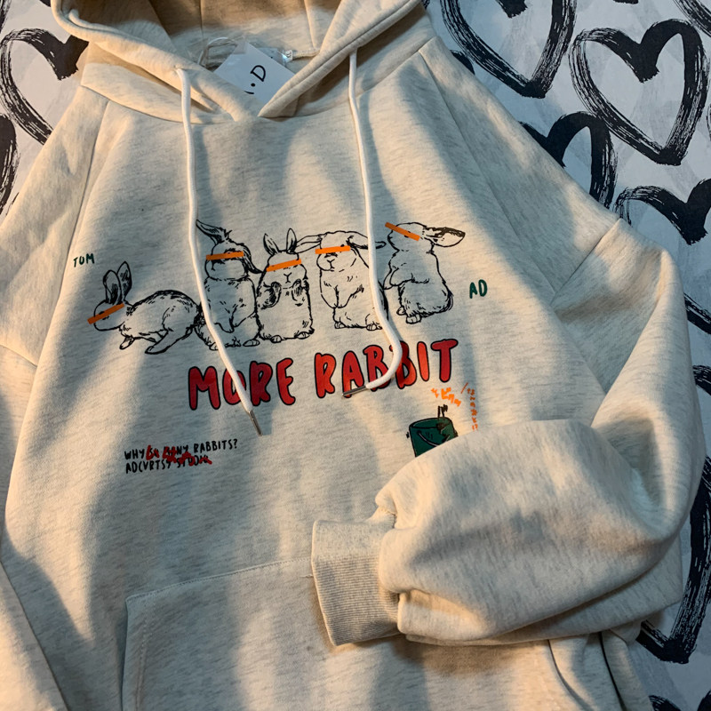 Line up to eat radish autumn and winter American retro rabbit print hooded sweatshirt men and women couples loose plus velvet jacket