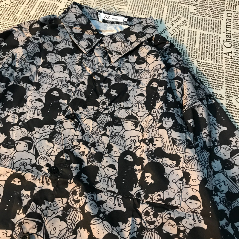 Small people party ins dark high street retro cartoon print short-sleeved shirt oversize shirt men and women tide