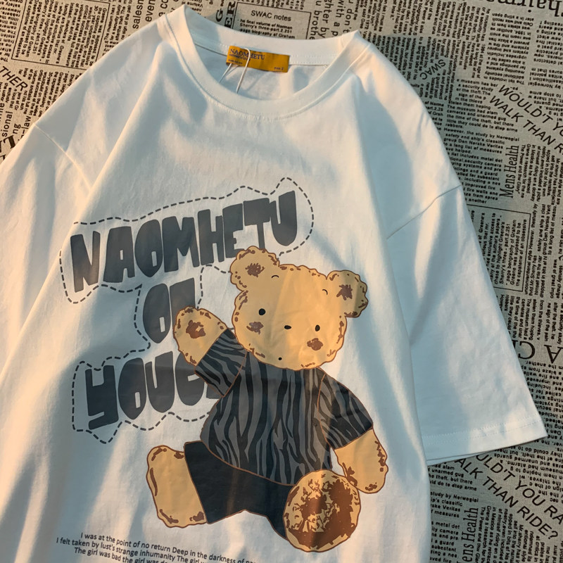 Cmyjn homemade American retro bear print short-sleeved T-shirt men and women couple tide brand street loose cotton tee