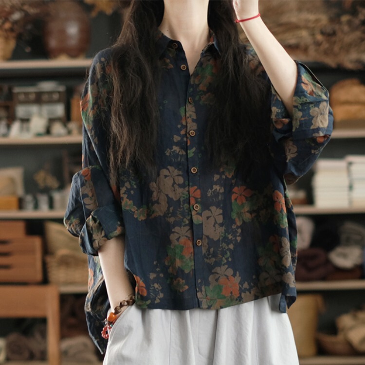 Clearance Sale~ Exported Linen Printed Slimming Japanese Style Top, Unique Chic Shirt with Floral Print and Small Turn-Down Collar Clearance Sale~ Exported Linen Printed Slimming Japanese Style Top, Unique Chic Shirt with Floral Print and Small Turn-Down Collar