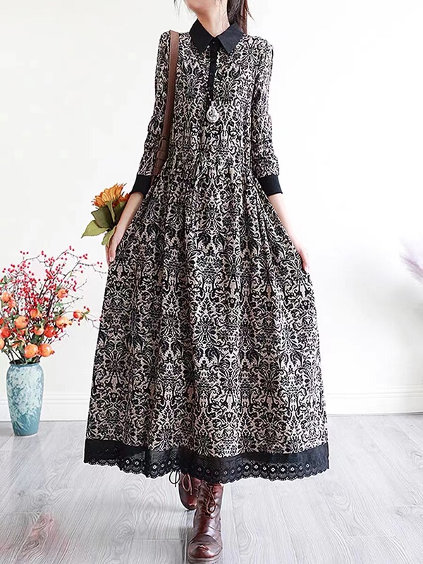 Brand Discount Store Clearance Women's Vintage Print Linen Shirt Dress Loose Long-Sleeve Cotton-Linen Dress