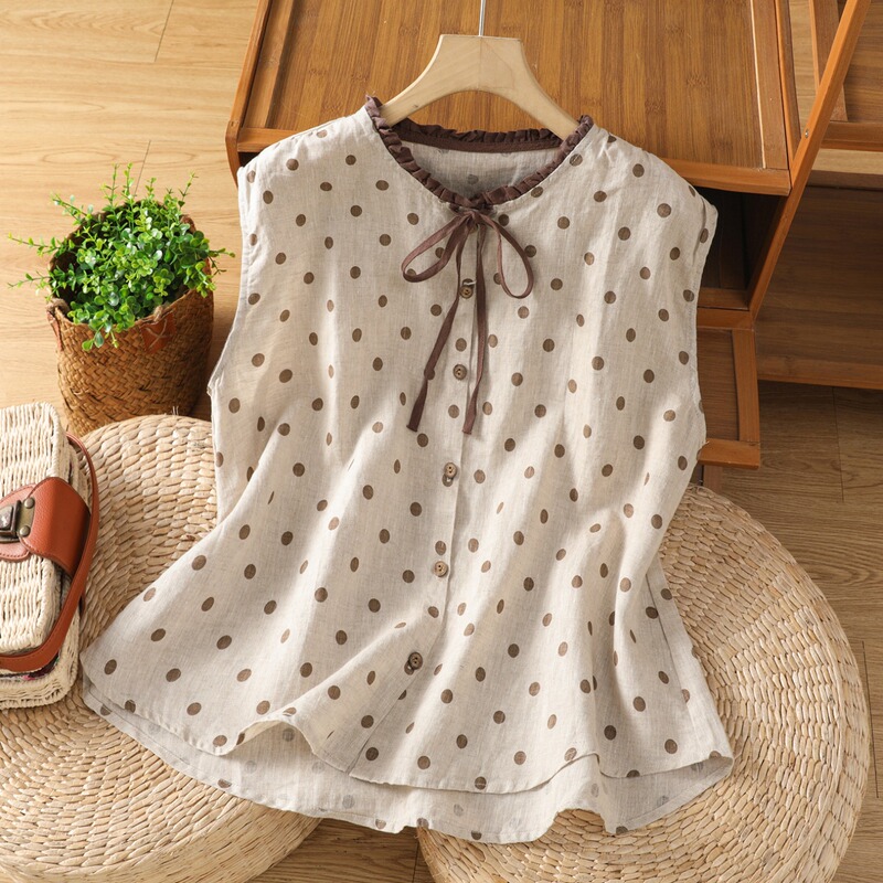 High-End Korean-Style Polka Dot Linen Sleeveless Shirt for Women, Summer Vintage Tie-Up Ruffle Edge Vest, Cotton-Linen Tank Top