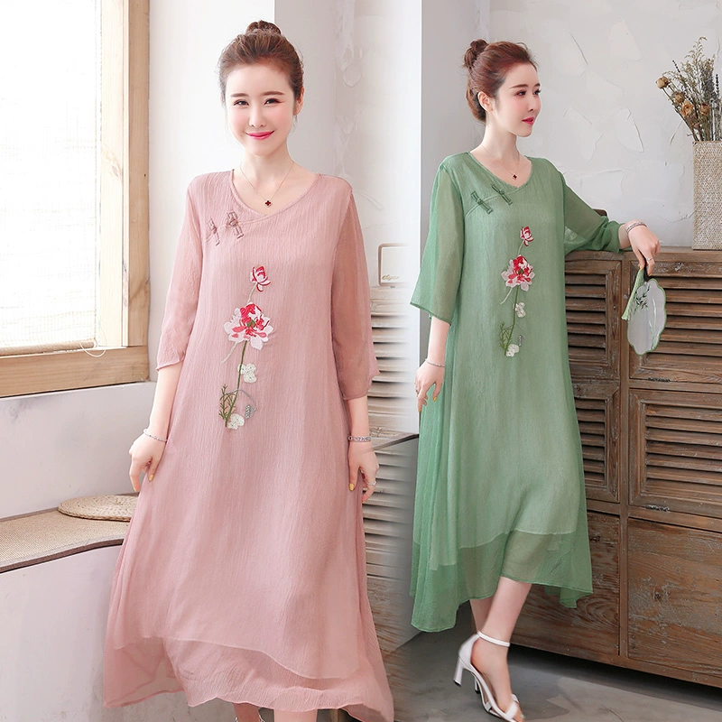 Mùa hè năm 2021 váy cotton và lanh phong cách mới của phụ nữ phong cách dân tộc thêu văn học phong cách Zen váy cỡ lớn mỏng giữa chiều dài - Váy dài
