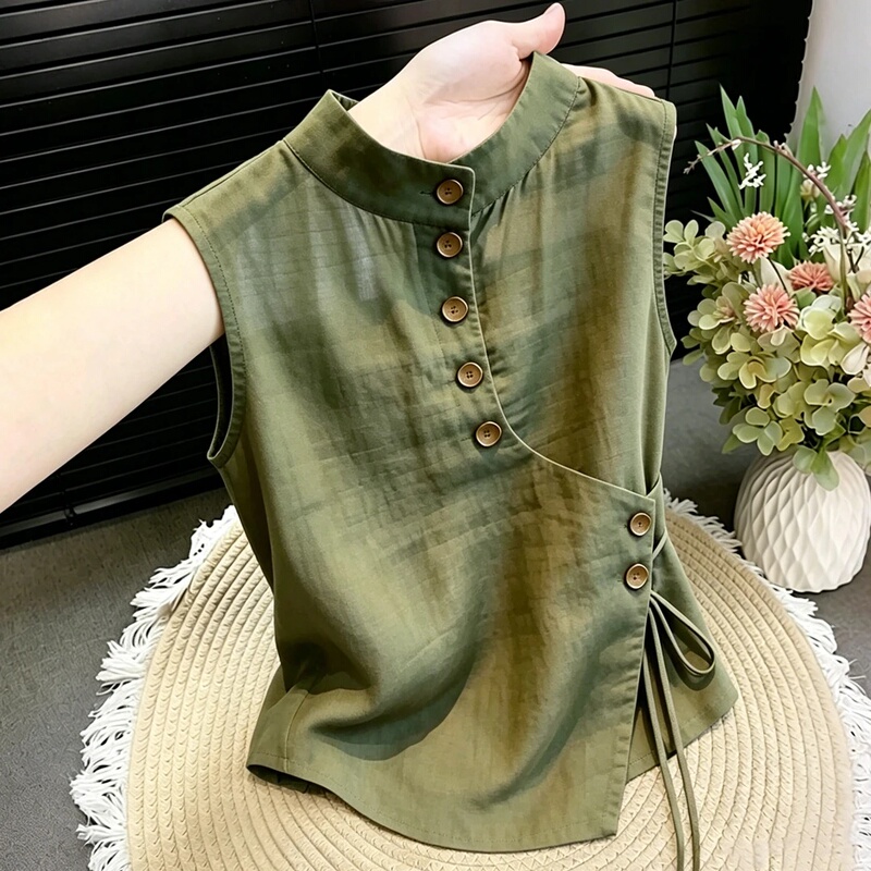 French-Style Youthful and Stylish Linen Vest Top for Women, 2026 Summer New Model, High-End Green Stand-Collar Sleeveless Shirt French-Style Youthful and Stylish Linen Vest Top for Women, 2026 Summer New Model, High-End Green Stand-Collar Sleeveless Shirt