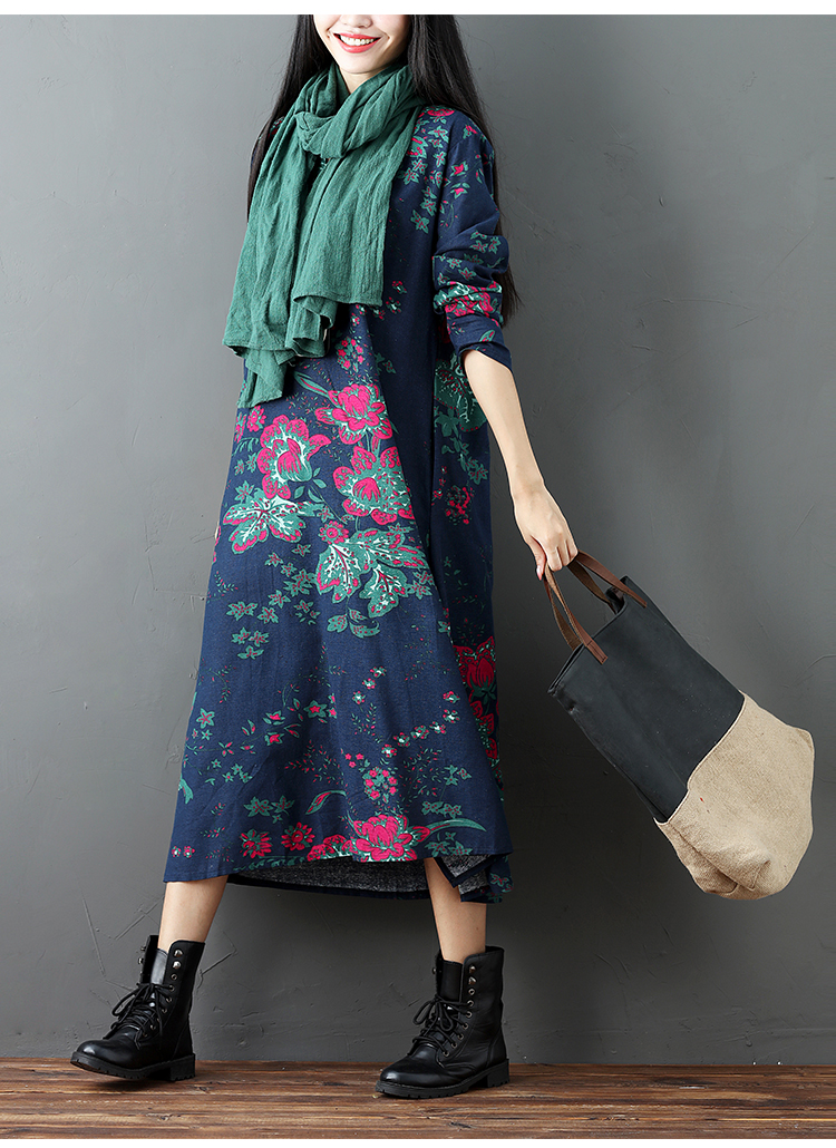 Váy mùa thu 2018 mới bằng vải cotton và vải lanh cỡ lớn cho nữ quốc gia áo dài tay cổ chữ V in họa tiết dài đến đầu gối đầm đi biển