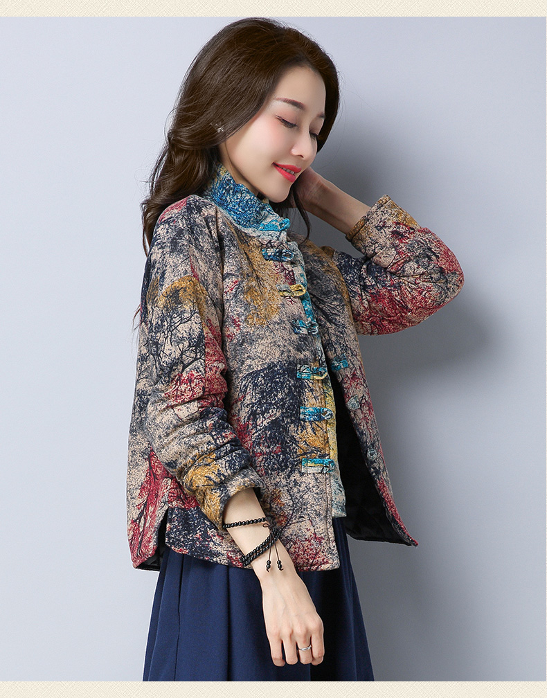 Mùa thu và mùa đông mới phong cách quốc gia của phụ nữ cotton và vải lanh Phong cách Trung Quốc in cổ áo cộng với nút bông khóa Tang phù hợp với áo khoác ngắn ấm áp đầm nữ đẹp