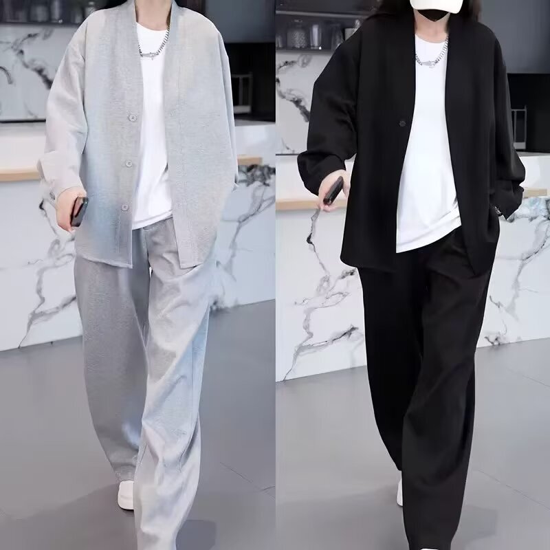 Autumn American-Style Trendy Brand High-End Casual Sports Suit, Unisex Fashion V-Neck Jacket and Long Pants Two-Piece Set