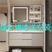 Cream style oak paint bathroom cabinet integrated basin ceramic bathroom hand wash basin cabinet combination wall hanging style