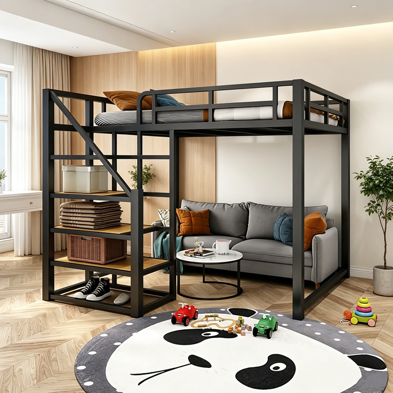 Wrought Iron Loft Bed for Small Apartments, Double-Decker, Reinforced Bed Frame, Space-Saving, Eco-Friendly, Home Use, Bed Above, Desk Below, Single Upper Level