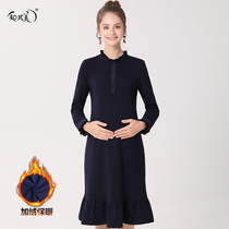 Pregnant womens winter wear plus velvet thickened breastfeeding pregnant womens dress womens long autumn and winter long sleeve bottom dress