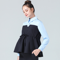 Pregnant womens autumn long sleeve shirt female pregnant woman interview pregnancy loose shirt blue work professional work shirt