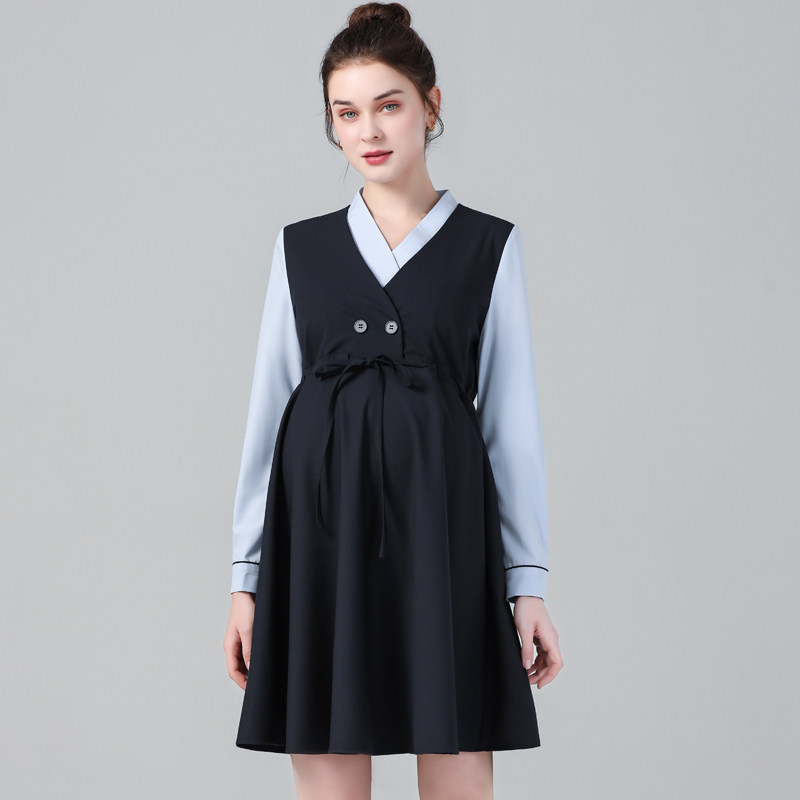 Pregnancy Woman Dress 2022 Spring New Long Sleeve Pregnant Woman Foreign Dress Woman Fake Two Career Interview Work Frock Dresses
