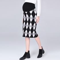 Pregnant Womens Clothing 2020 Autumn and Winter Womens Knitted Buttock Half Skirt Professional Toilwear Plaid Medium Long Wool Dress