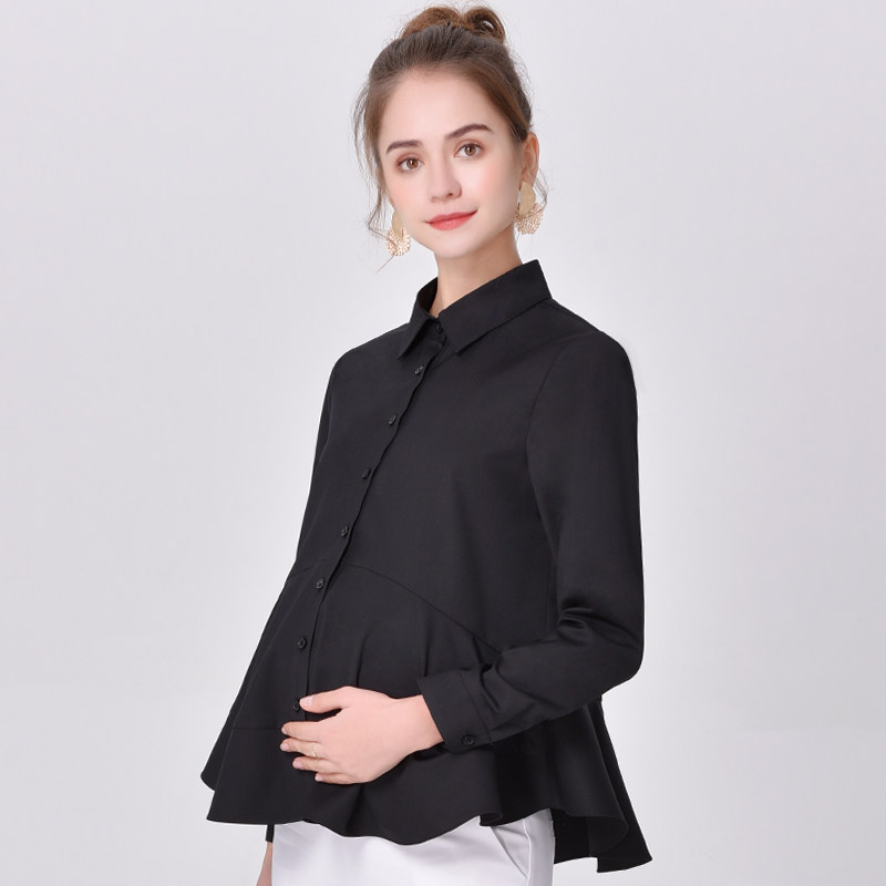 Maternity Wear Spring and Autumn Wear Career Interview Workwear Black Maternity Shirt Women's Spring and Autumn Long Sleeve Shirt Loose Top